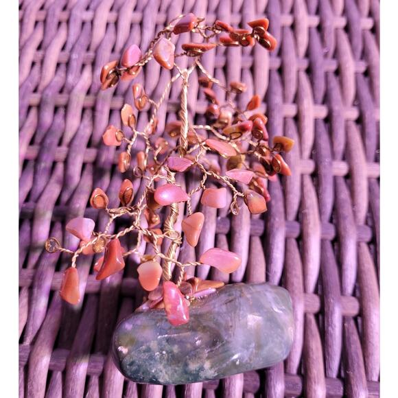 Carnelian Gemstone Bonsai Tree Copper Wire Sculpture Green Crystal Base Folk Art - Picture 7 of 9